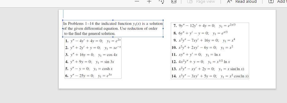 - + + Page view A Read aloud T Add In Problems 1-14 the indicated function y() is a solution of the given differential equati