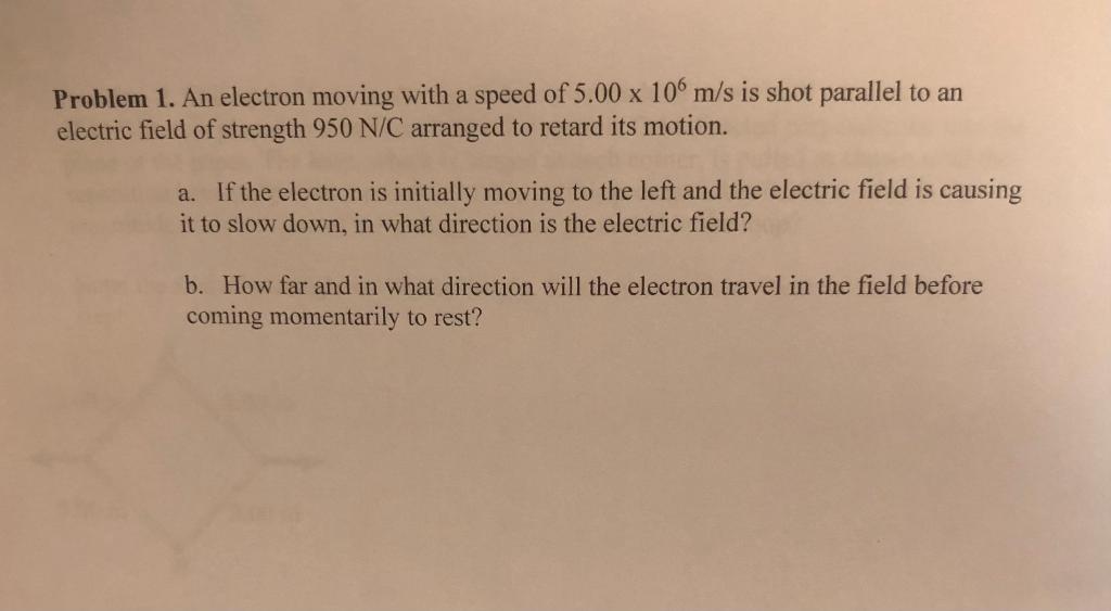 Solved Problem 1. An electron moving with a speed of 5.00 x | Chegg.com