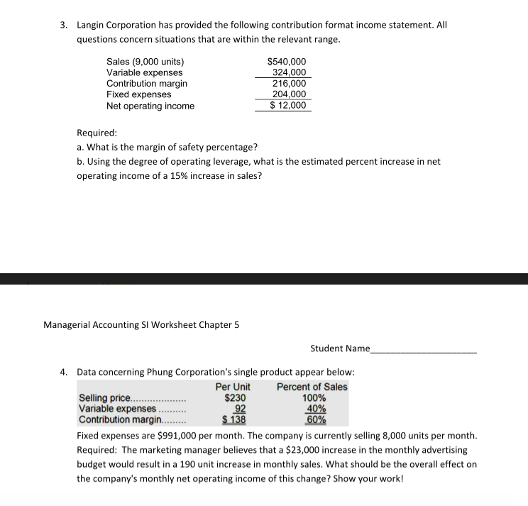 Solved 3 Langin Corporation Has Provided The Following C Chegg Com