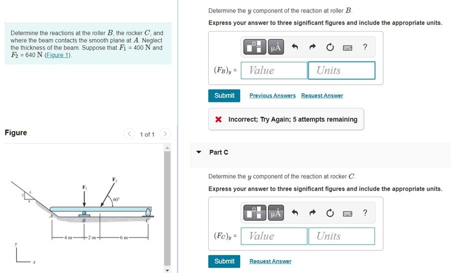 Determine the reactions at the roller B, the rocker C, and
where the beam contacts the smooth plane at A. Neglect
the thickne