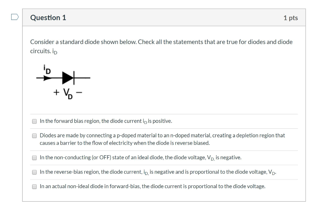 Solved Question 1 1 pts Consider a standard diode shown