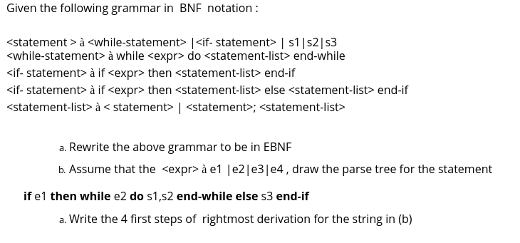 Given the following grammar in BNF notation : à | | | Chegg.com