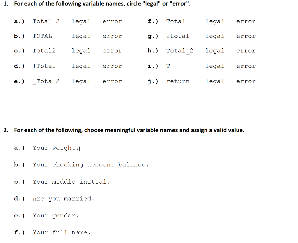 Solved 1. For each of the following variable names, circle | Chegg.com