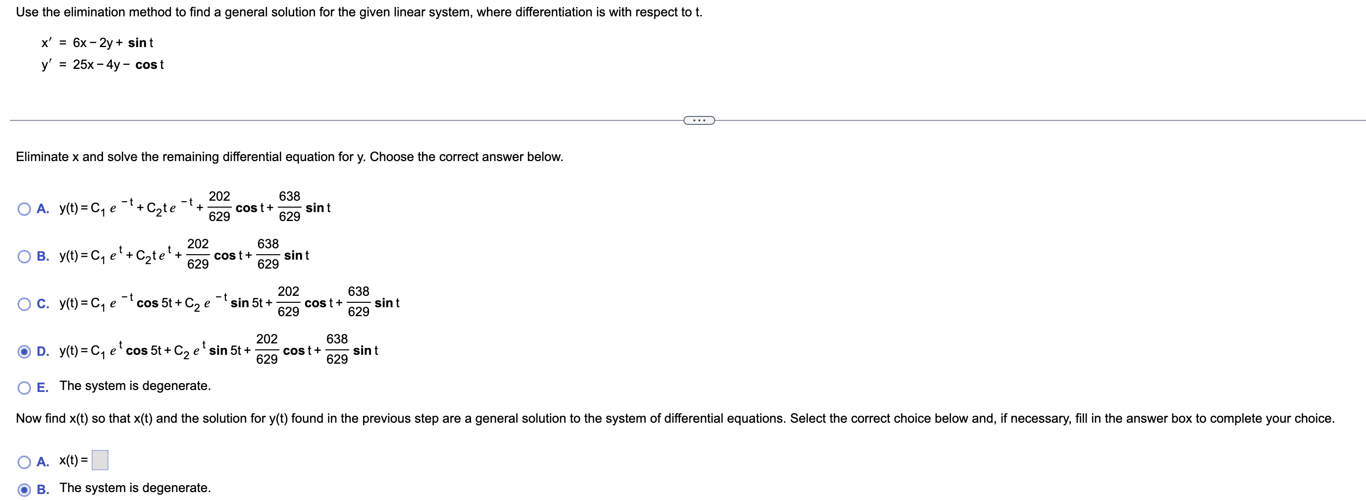 Solved Use The Elimination Method To Find A General Solution 2012