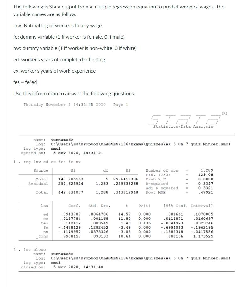 Solved The Following Is Stata Output From A Multiple | Chegg.com