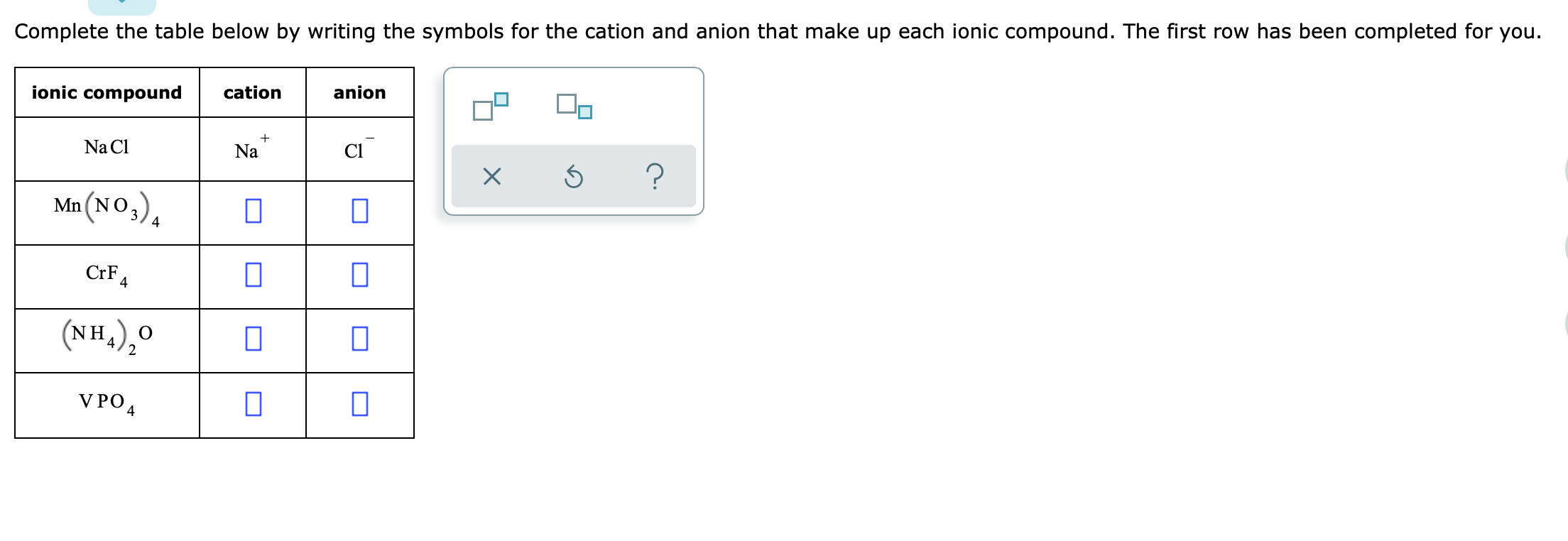 Solved Complete the table below by writing the symbols for | Chegg.com