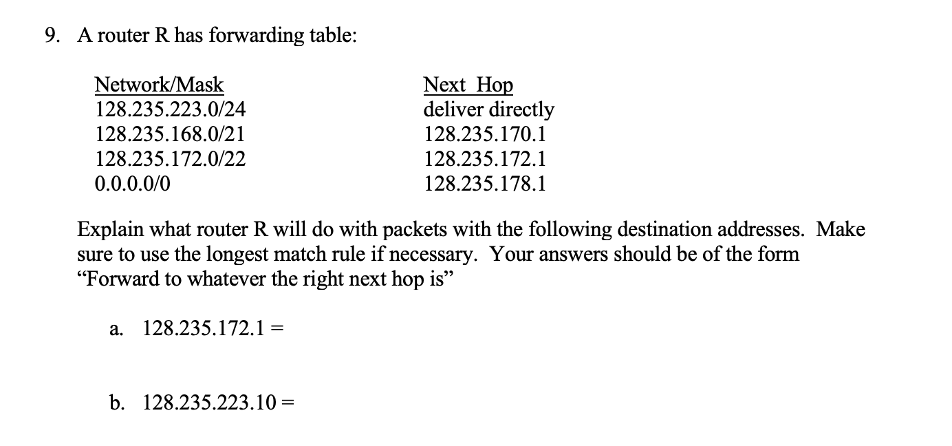 Solved 7 Create a forwarding table for Router R Assume all Chegg com