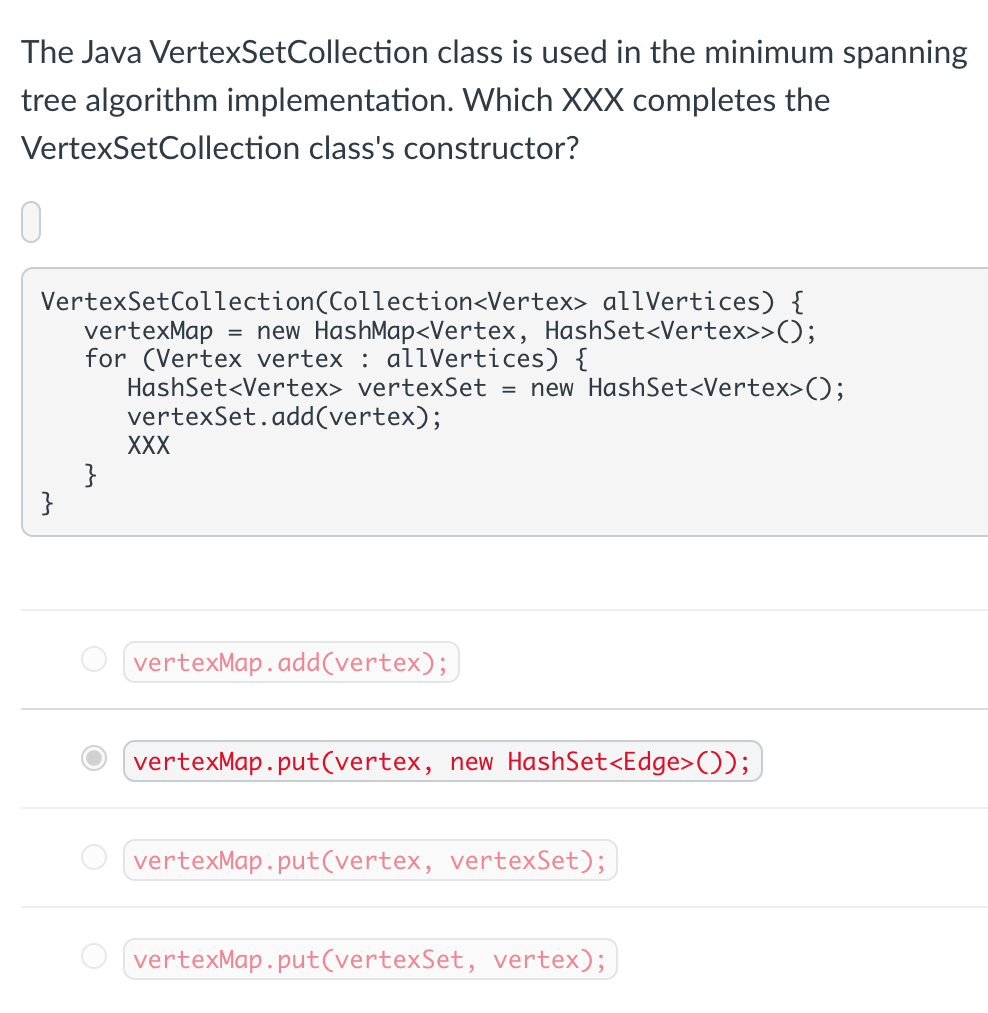 Solved The Java VertexSetCollection class is used in the | Chegg.com