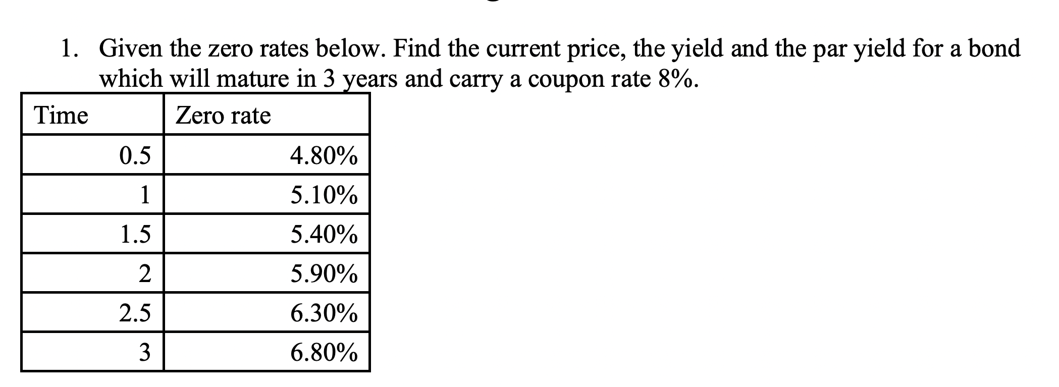 Solved 1. Given the zero rates below. Find the current | Chegg.com