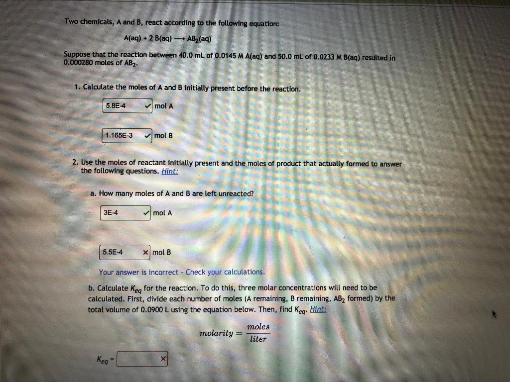 Solved Two chemicals, A and B, react according to the | Chegg.com