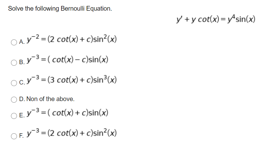 Solved Solve the following Bernoulli Equation. y' + y | Chegg.com