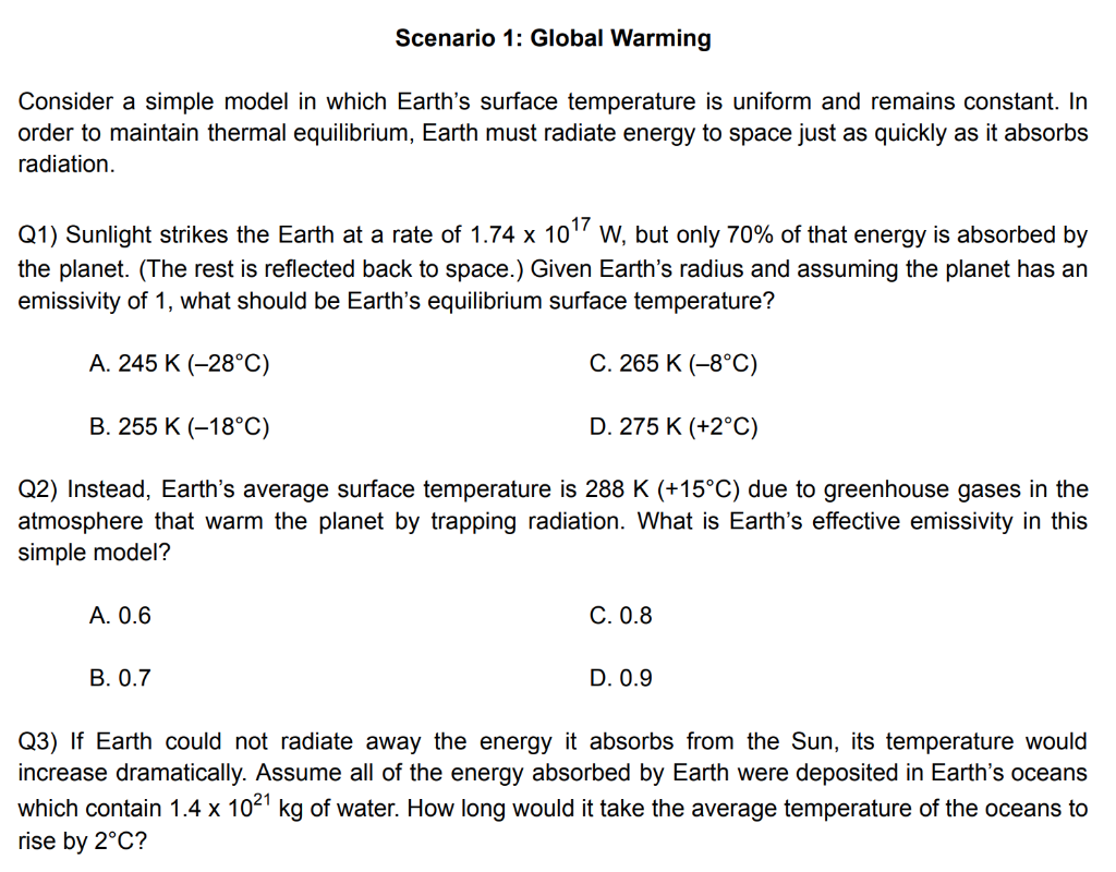 Solved Scenario 1: Global Warming Consider A Simple Model In | Chegg.com