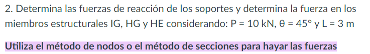 2. Determina las fuerzas de reacción de los soportes y determina la fuerza en los miembros estructurales IG, \( \mathrm{HG} \