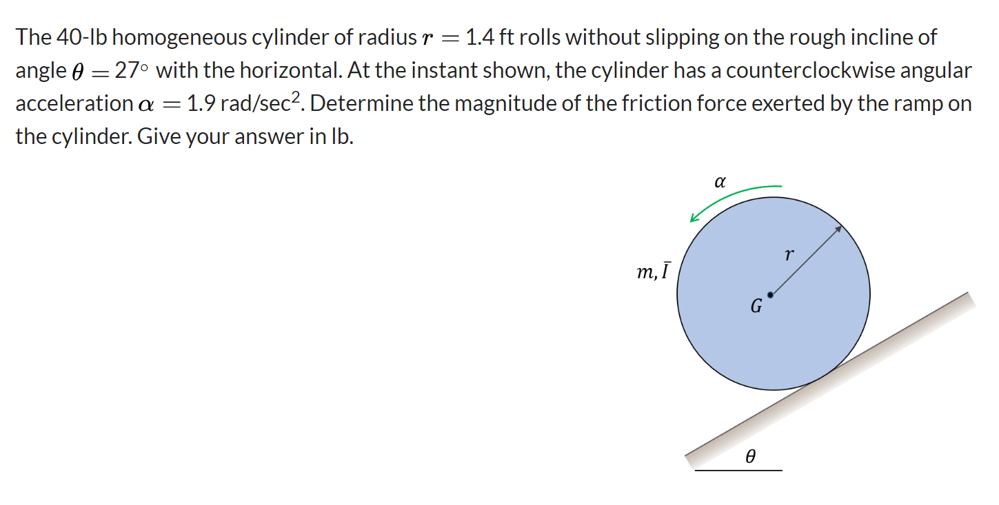 Solved The 40-1b homogeneous cylinder of radius r = 1.4 ft | Chegg.com