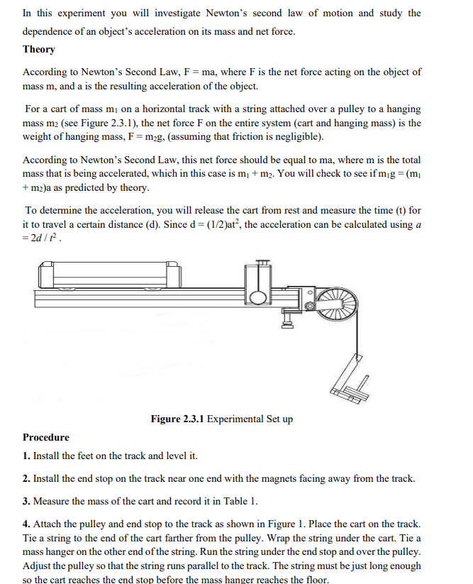 Solved Experiment 3 Newton's Second Law Equipment Required | Chegg.com