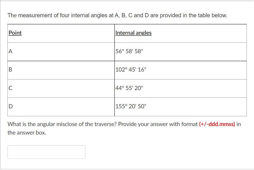 Solved The measurement of four internal angles at A,B,C and | Chegg.com
