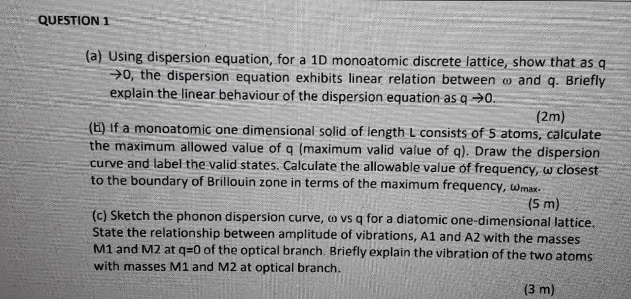 Solved QUESTION 1 (a) Using dispersion equation, for a 10 | Chegg.com