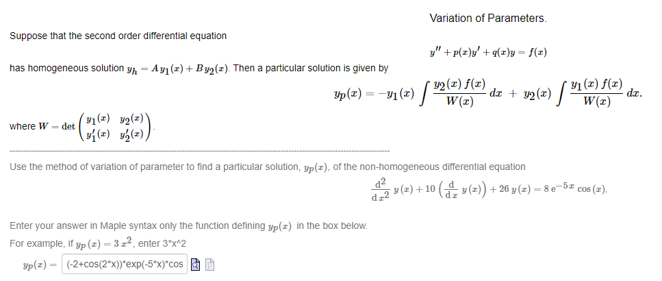 Solved Variation of Parameters Suppose that the second order | Chegg.com