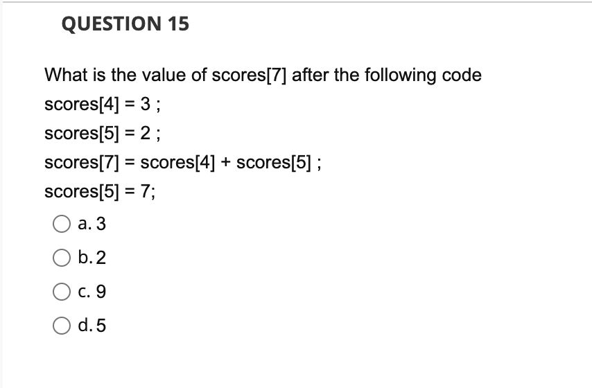 Solved QUESTION 15 What is the value of scores[7] after the | Chegg.com