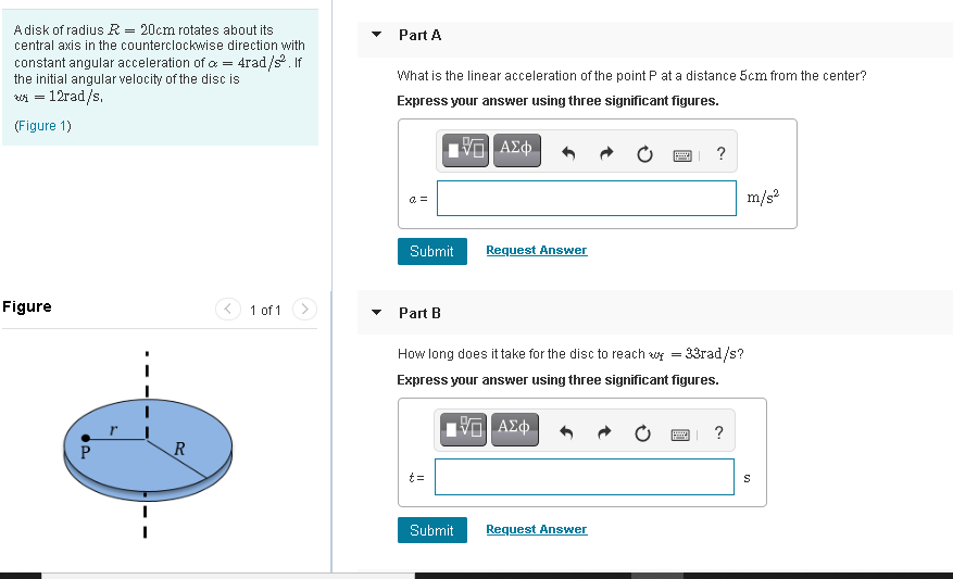 Solved Part A Adisk of radius R = 20cm rotates about its | Chegg.com