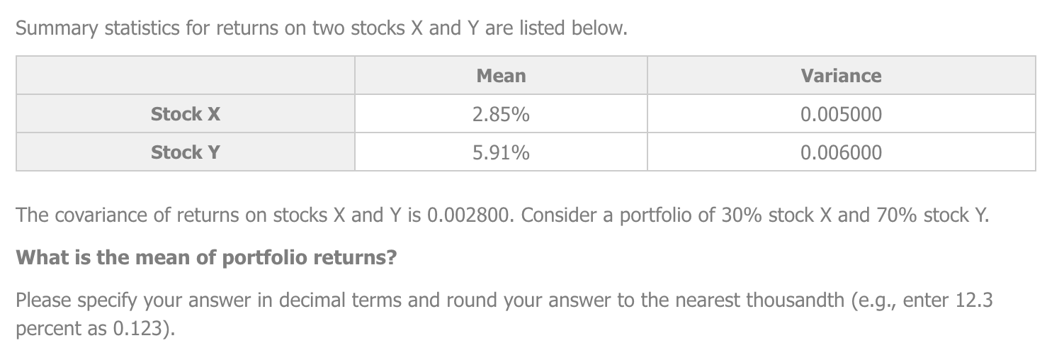 Solved Summary statistics for returns on two stocks X and Y
