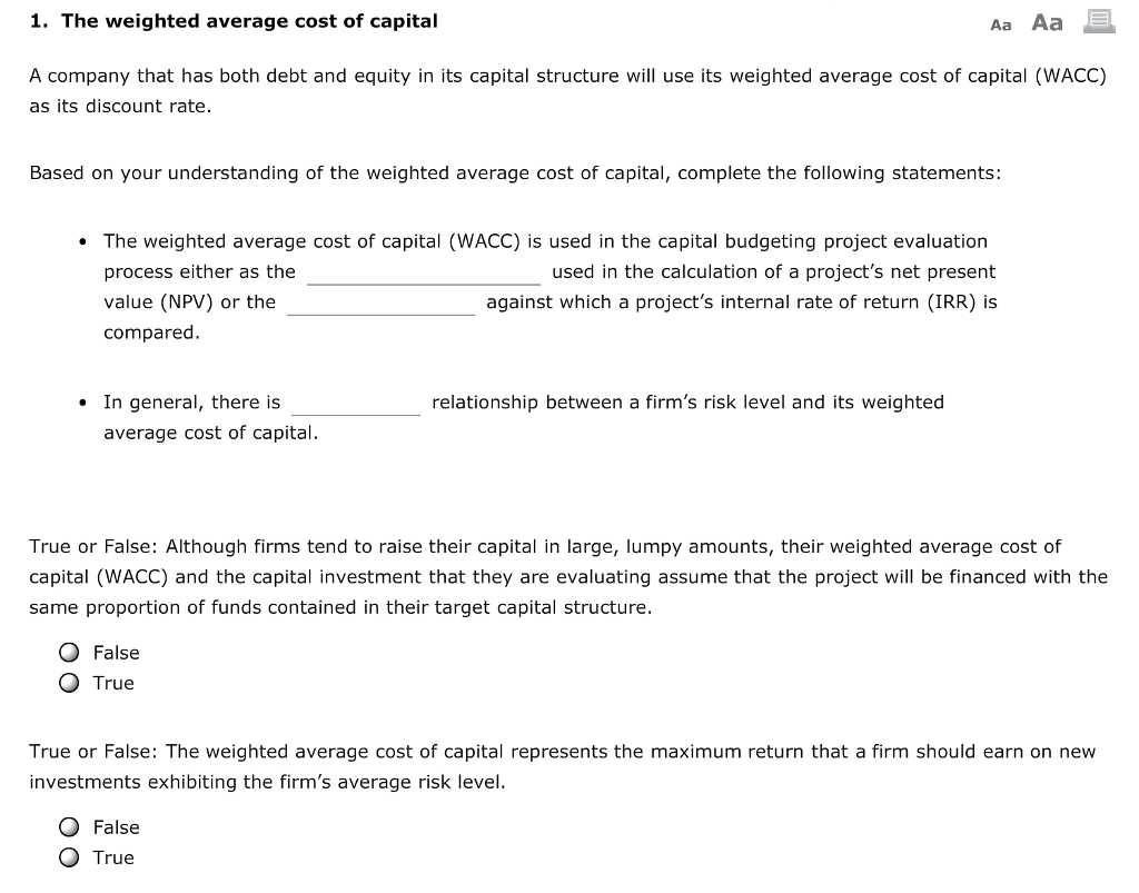 Solved 1. The weighted average cost of capital Aa Aa A
