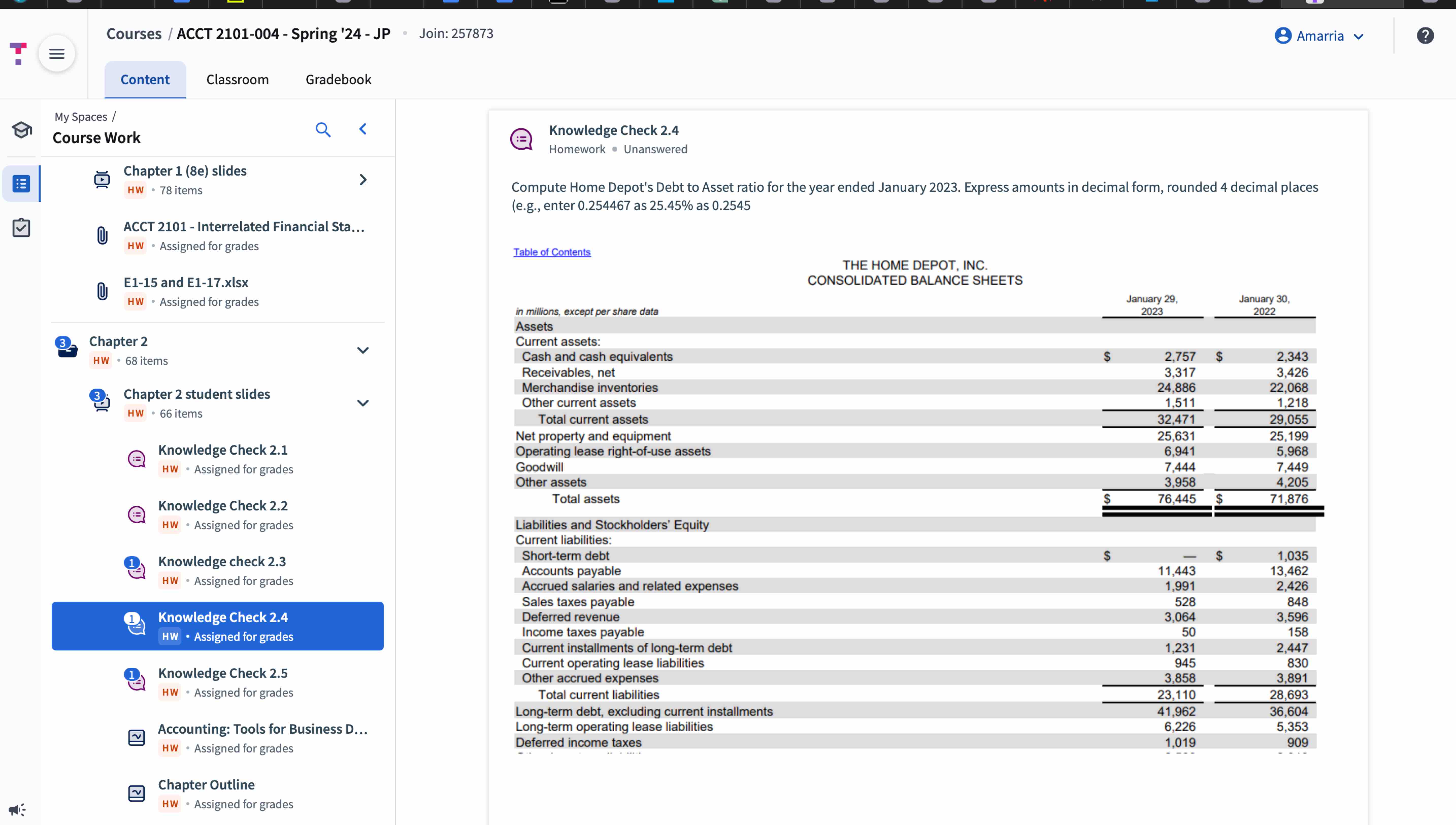 Compute Home Depot's Debt to Asset ratio for the year