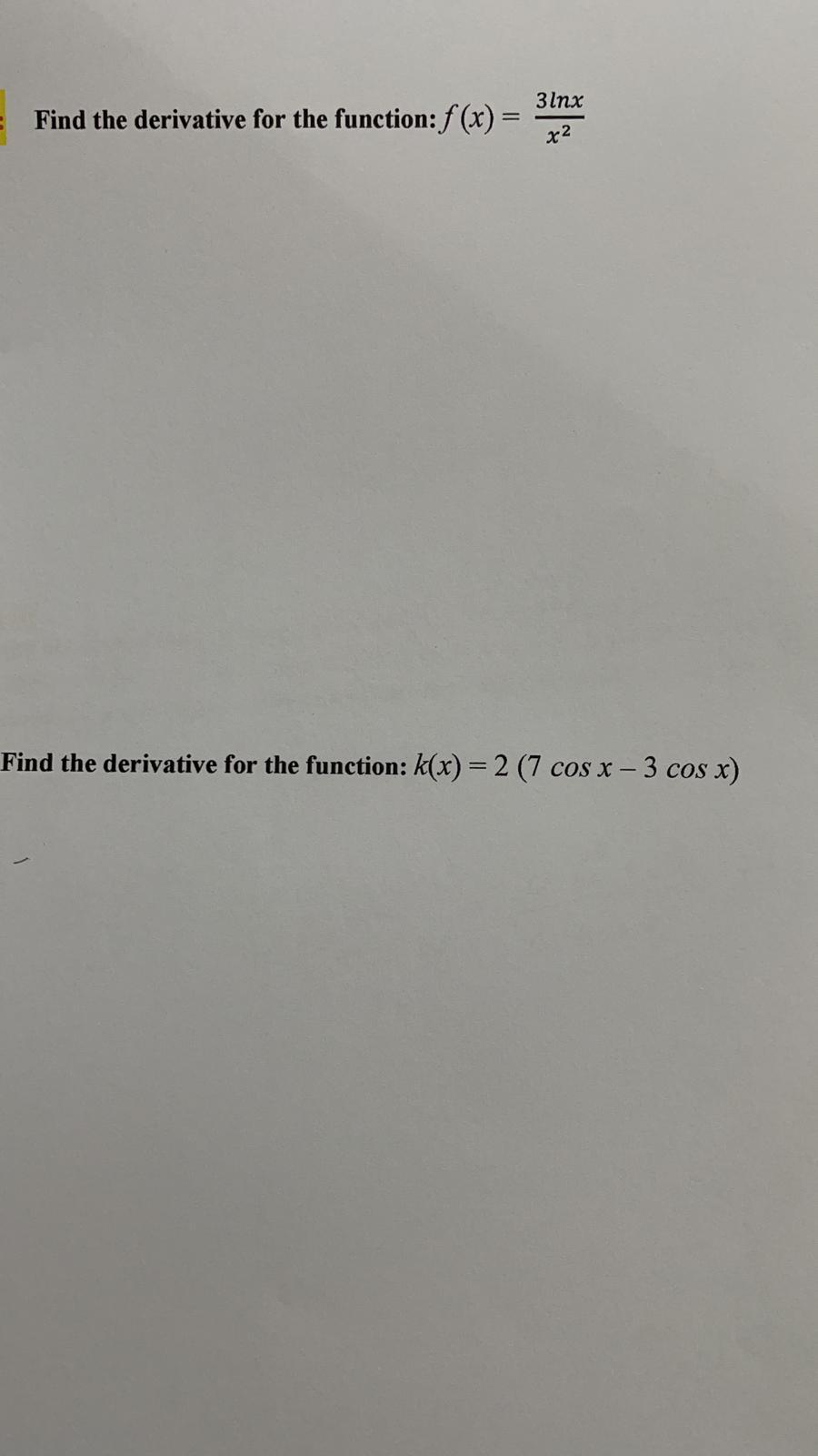 find the derivative of f(x)=cos(−5ln(−3x−1))