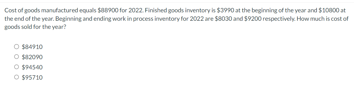 Solved Cost of goods manufactured equals $88900 for 2022 . | Chegg.com