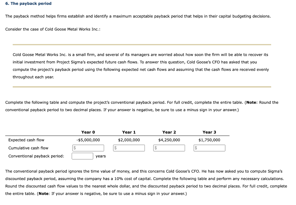 Solved 6. The payback period The payback method helps firms | Chegg.com