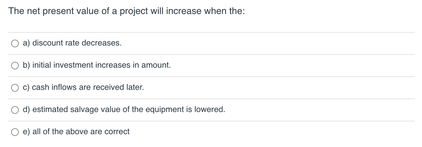 Solved The net present value of a project will increase when | Chegg.com