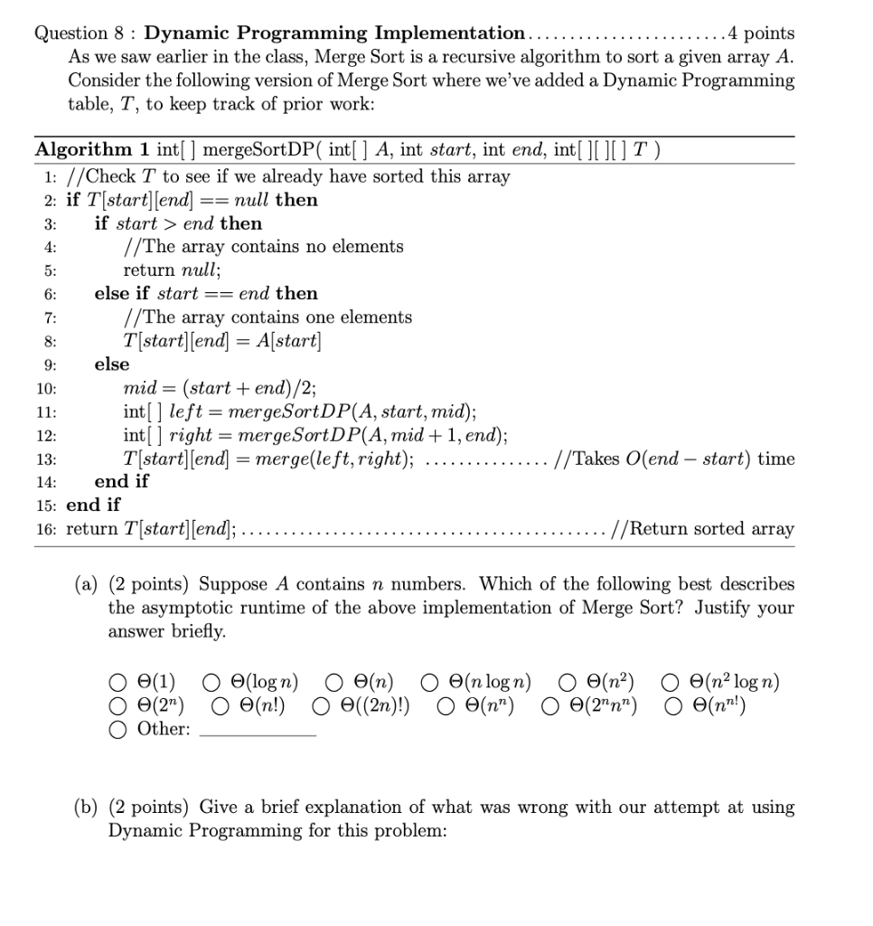 Solved Question 8: Dynamic Programming Implementation.. .4 | Chegg.com