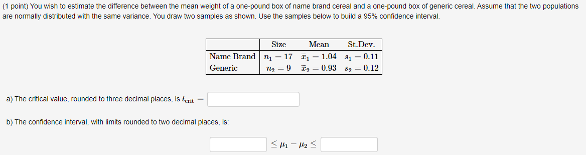Solved (1 point) You wish to estimate the difference between | Chegg.com