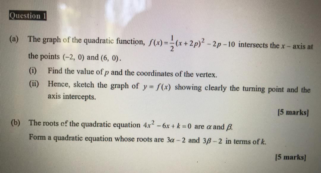 Solved Question 1 (a) The graph of the quadratic function, | Chegg.com