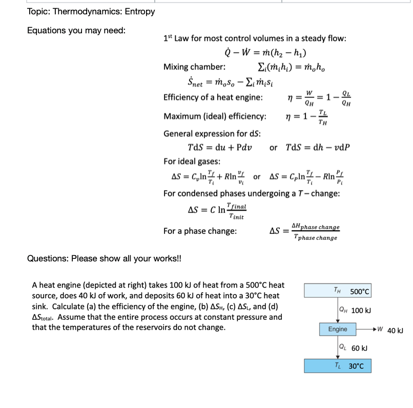 Solved Topic: Thermodynamics: Entropy Equations you may | Chegg.com