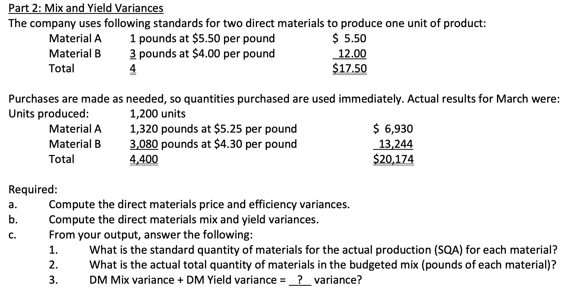 Solved Part 2 Mix and Yield Variances The company uses