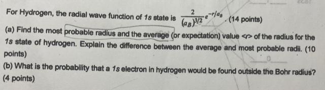 Solved erley For Hydrogen, the radial wave function of 18 | Chegg.com