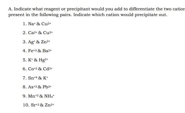 Solved A. Indicate what reagent or precipitant would you add | Chegg.com