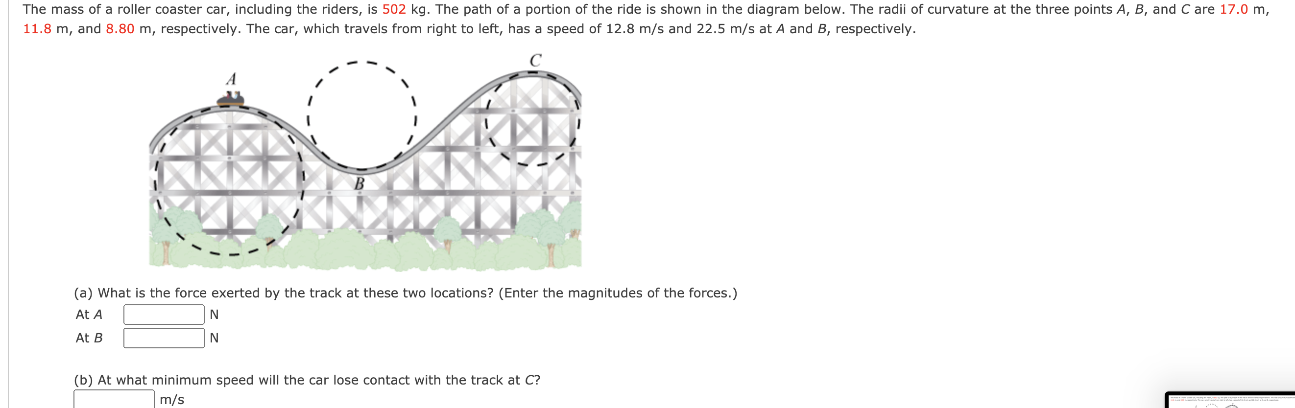 Solved The mass of a roller coaster car, including the | Chegg.com