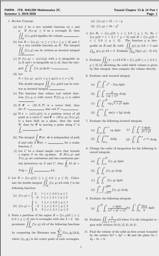 Fmipa Itb Ma14 Mathematics 2c Semester 2 Chegg Com