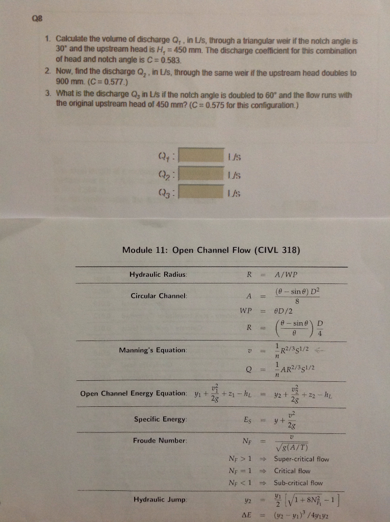 Solved Q8 1 Calculate The Volume Of Discharge Q In Us Chegg Com