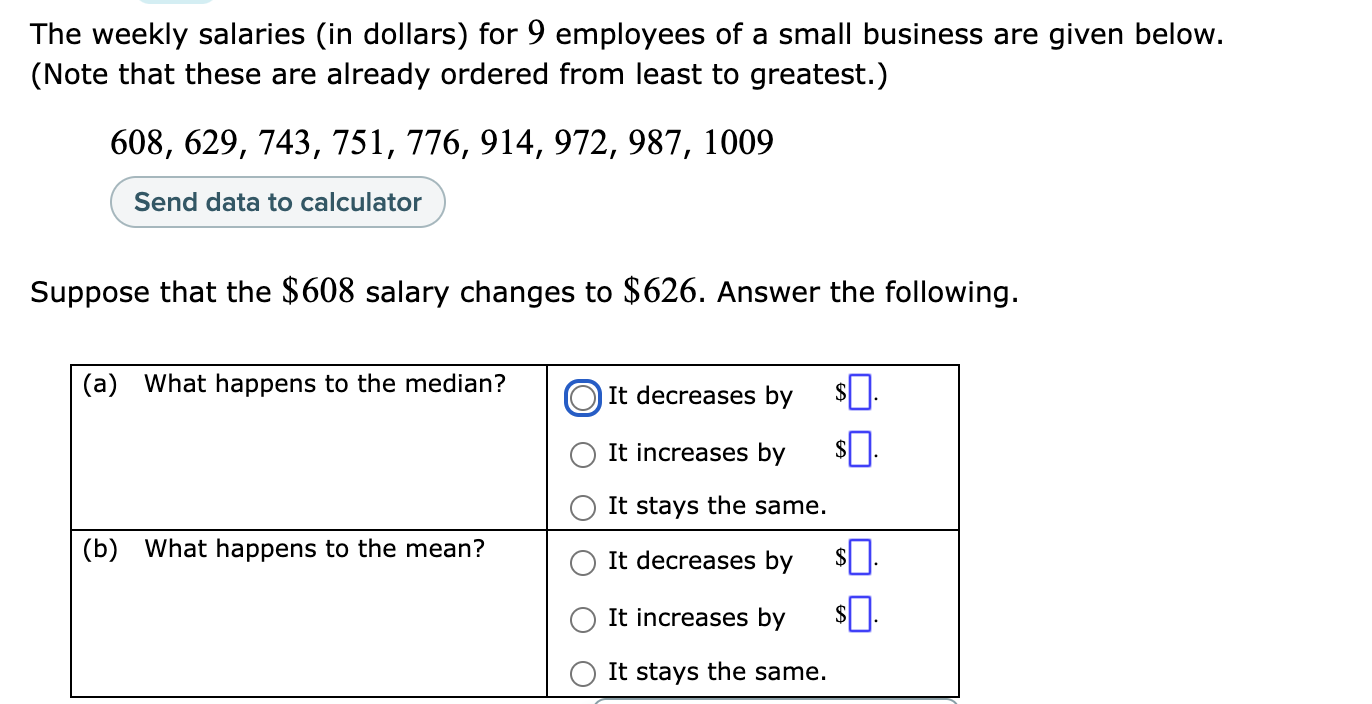 Solved The weekly salaries (in dollars) for 9 employees of a | Chegg.com
