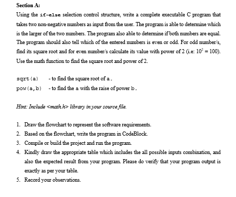 Solved Section A: Using The If-else Selection Control | Chegg.com