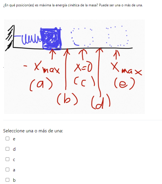 ¿En qué posicion(es) es máxima la energía cinética de la masa? Puede ser una o más de una. Seleccione una o más de una: \( \m