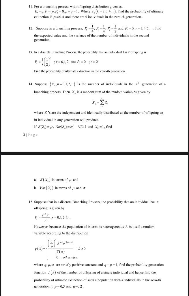 11. For a branching process with offspring | Chegg.com