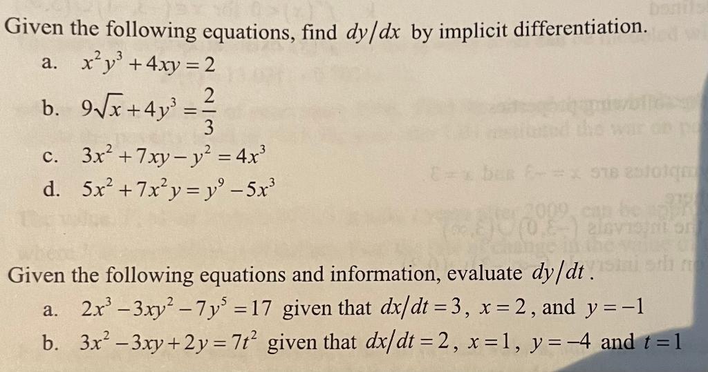 Solved Given the following equations, find dy/dx by implicit | Chegg.com