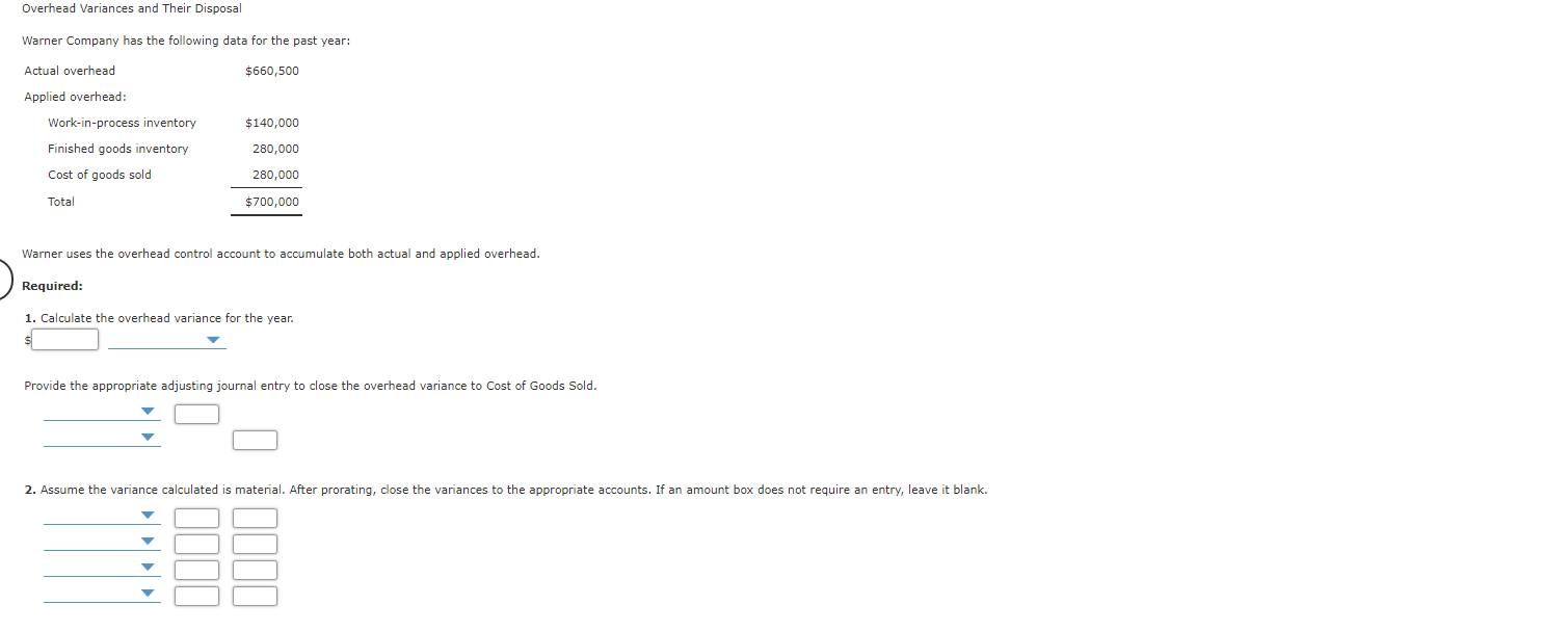 Solved Overhead Variances and Their Disposal Warner Company | Chegg.com