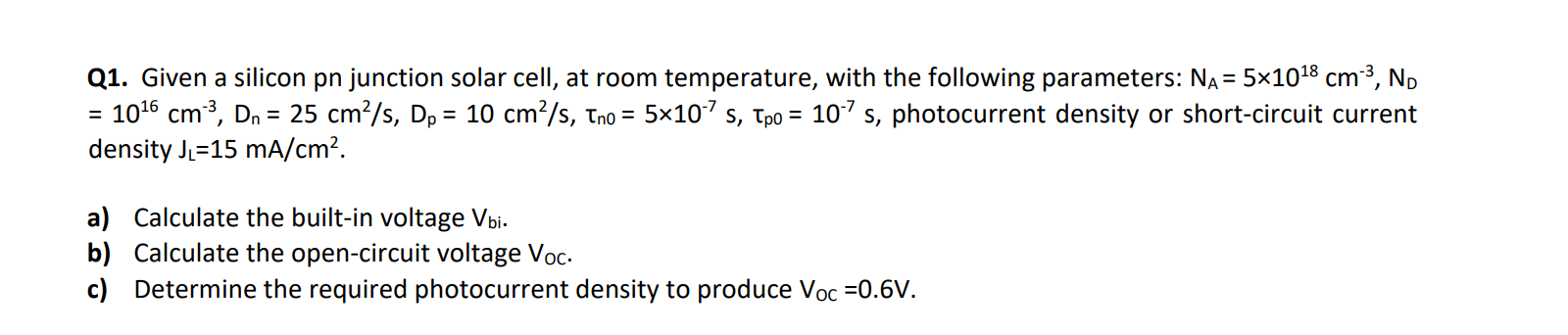Solved = Q1. Given a silicon pn junction solar cell, at room | Chegg.com