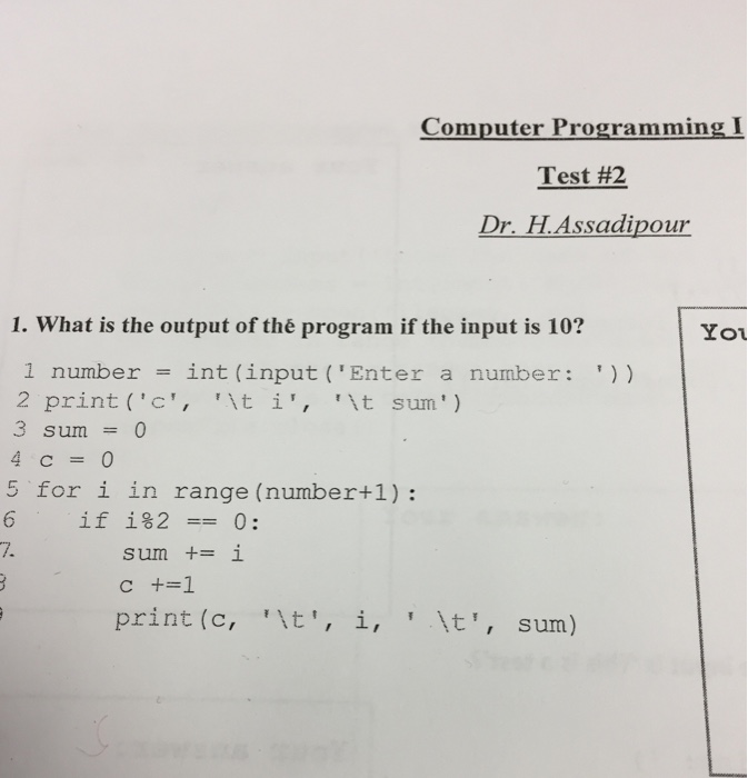 Solved Computer Programming I Test #2 r. H.Assadipour 1. | Chegg.com
