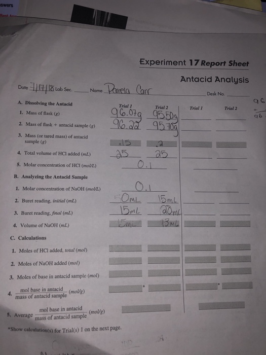 Solved swers Best A Experiment 17 Report Sheet Antacid